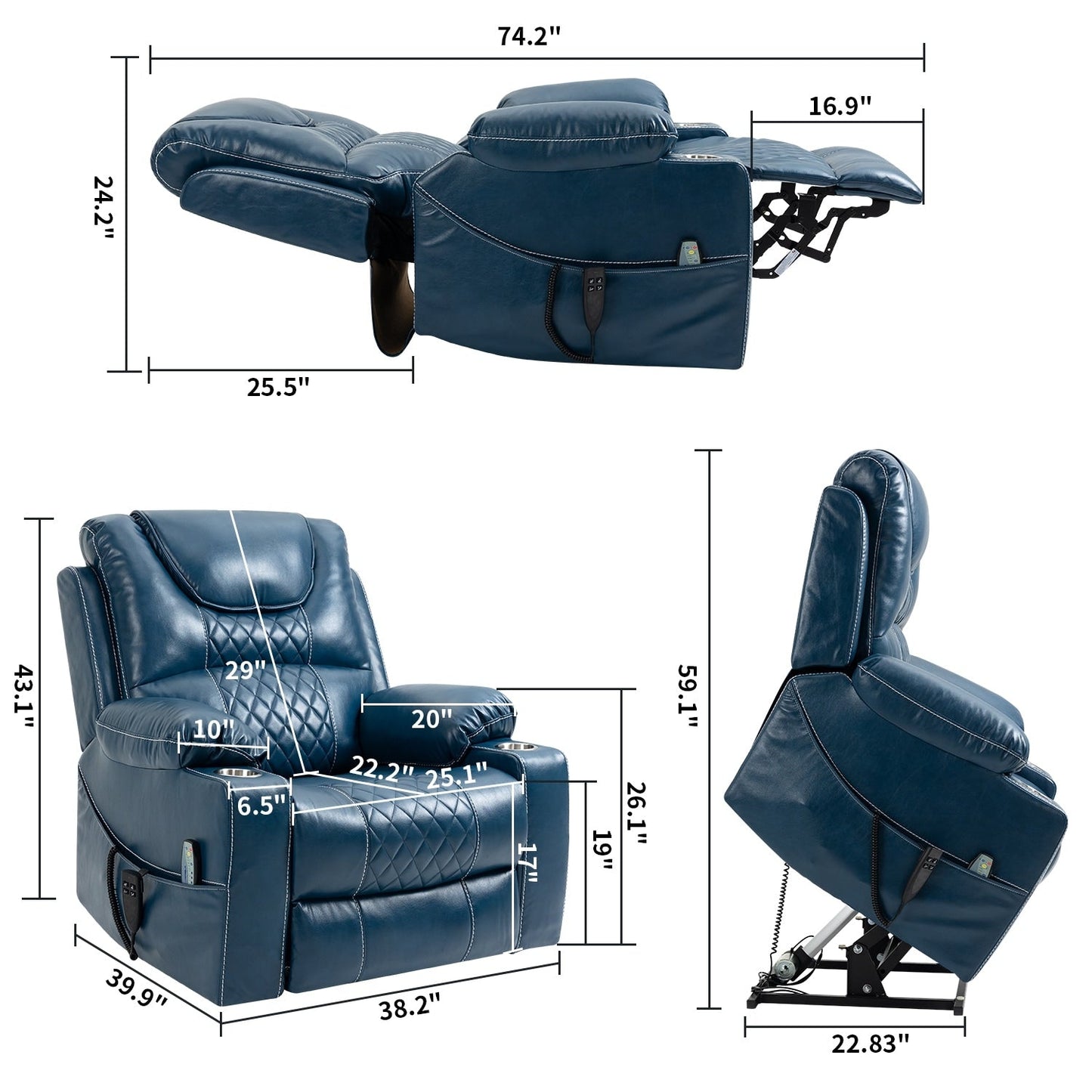 Oversized PU Leather Power Lift Recliner with Massage, Lumbar Heating, Cup Holder, 180¡ã Flat Lay