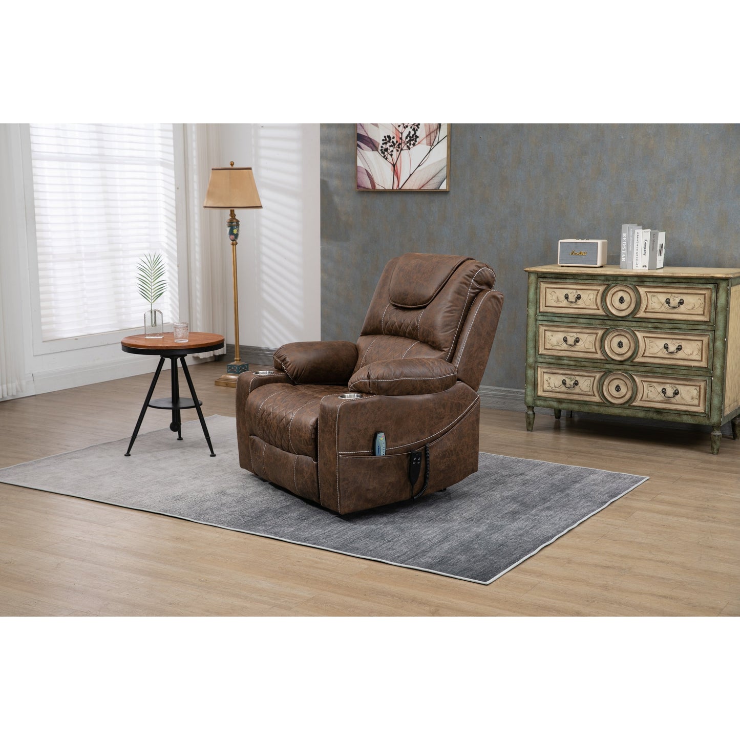 Oversized PU Leather Power Lift Recliner with Massage, Lumbar Heating, Cup Holder, 180¡ã Flat Lay