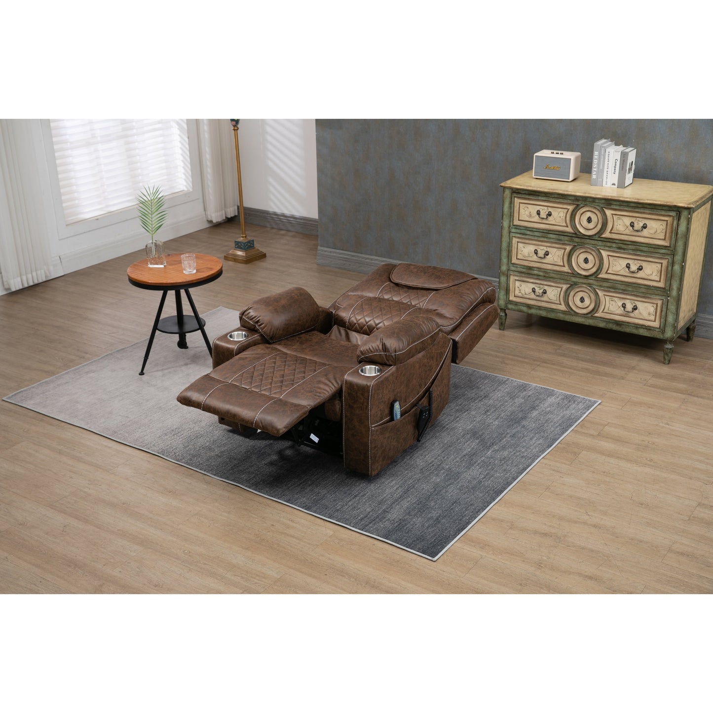 Oversized PU Leather Power Lift Recliner with Massage, Lumbar Heating, Cup Holder, 180¡ã Flat Lay