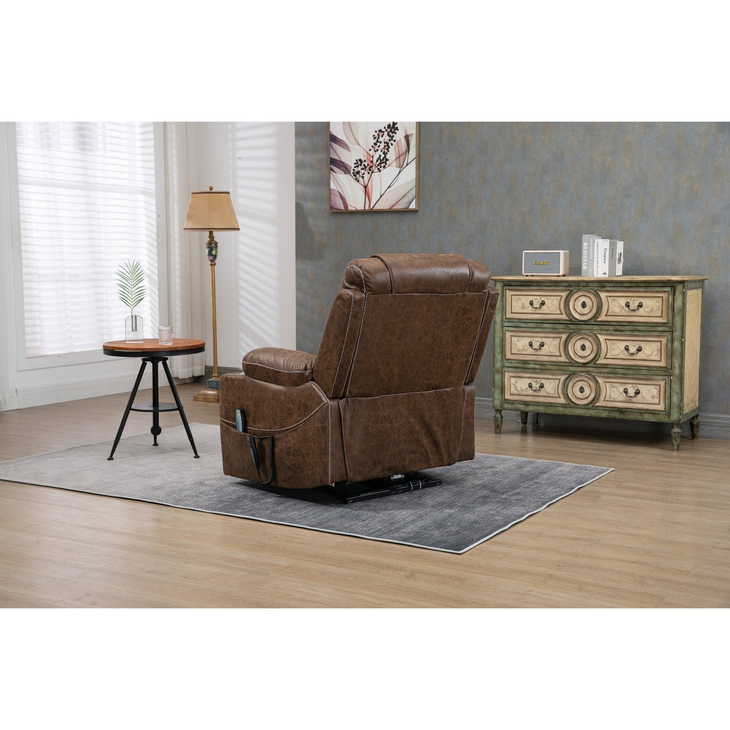 Oversized PU Leather Power Lift Recliner with Massage, Lumbar Heating, Cup Holder, 180¡ã Flat Lay