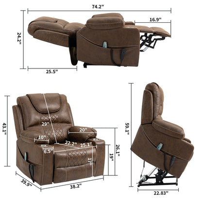 Oversized PU Leather Power Lift Recliner with Massage, Lumbar Heating, Cup Holder, 180¡ã Flat Lay