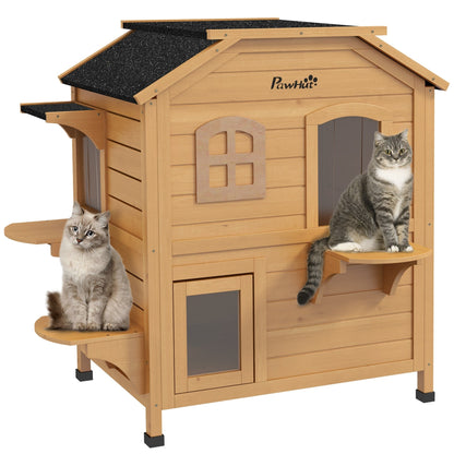 PawHut Fir Wood 2-Story Outdoor Cat House, Wooden Feral Cat Shelter with Openable Asphalt Roof for Indoor/Outdoor, White / Grey
