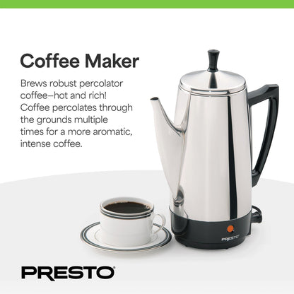 Presto Stainless Steel Coffee Maker, 12 Cup Robust Percolator Coffee, Silver - 2.79
