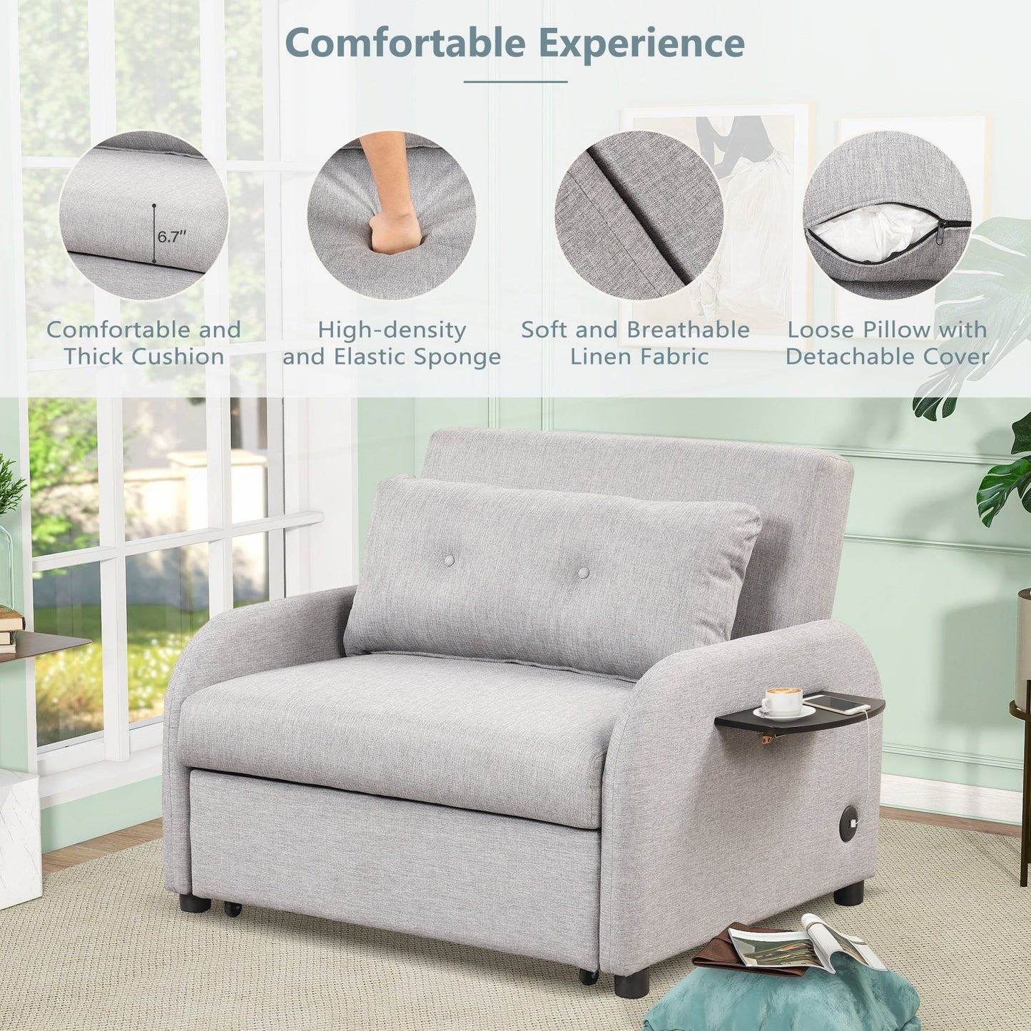 Pull Out Sofa Sleeper 3 in 1 with 2 Wing Table