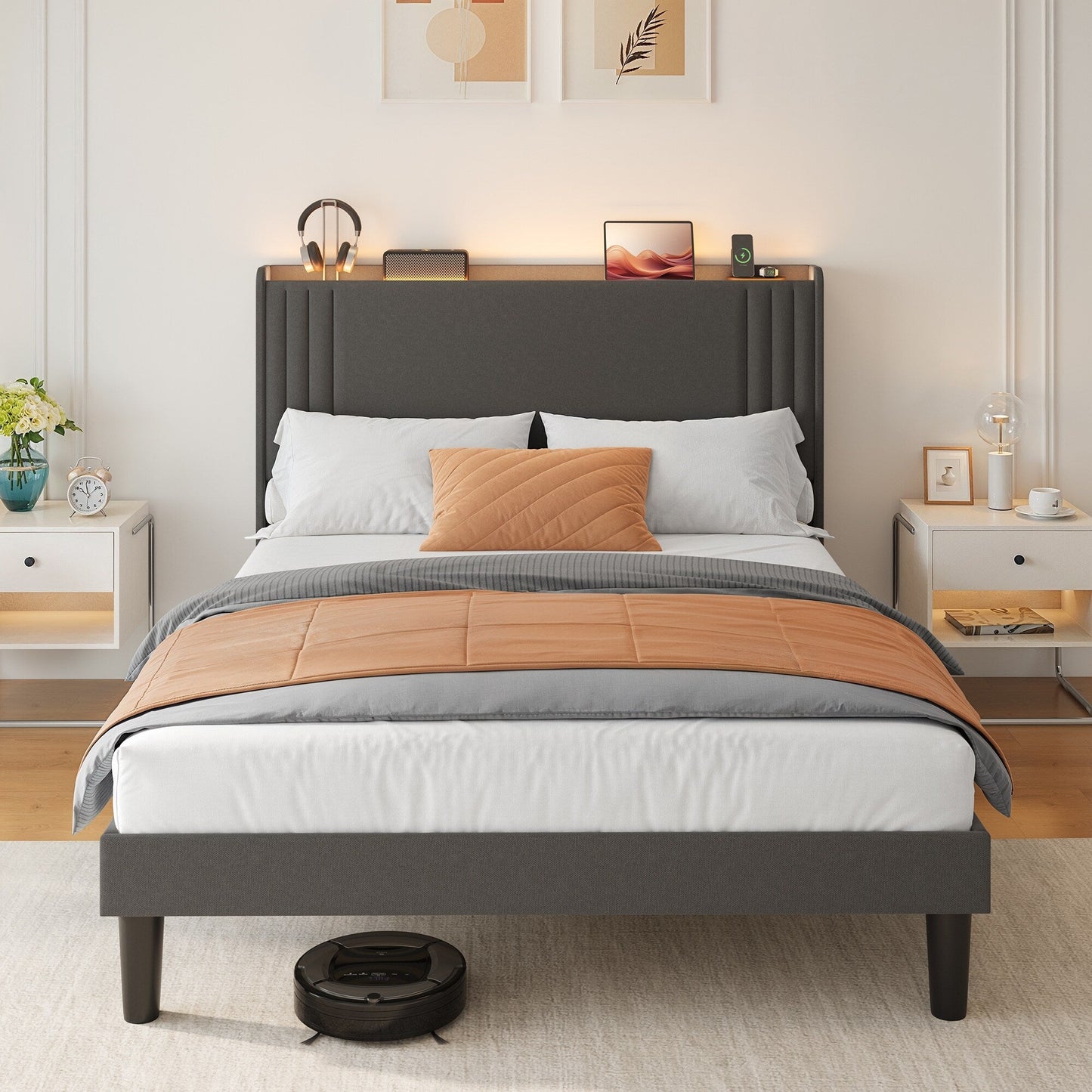 Queen/ Full Vertical Channels Upholstered Bed with Wingback Headboard