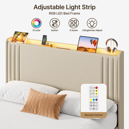 Queen/ Full Vertical Channels Upholstered Bed with Wingback Headboard