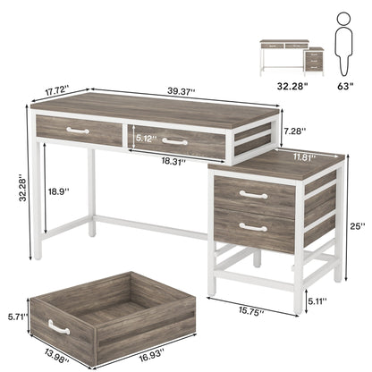 Reversible Computer Desk with 5 Drawers, Home Office Desk with File Cabinet Drawer Printer Stand