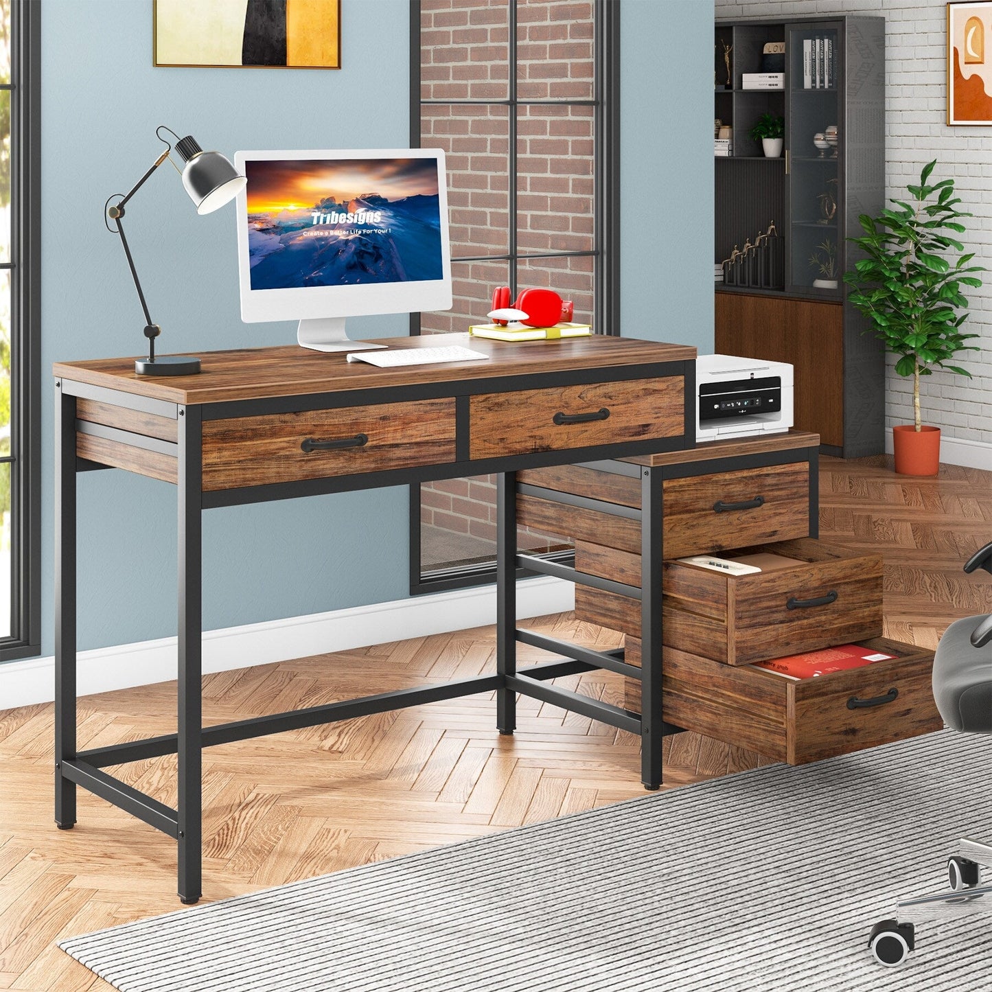 Reversible Computer Desk with 5 Drawers, Home Office Desk with File Cabinet Drawer Printer Stand