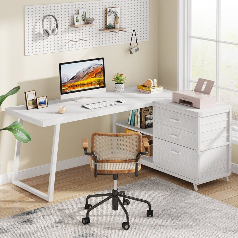Reversible L Shaped Desk With File Drawers, Corner Computer Desk