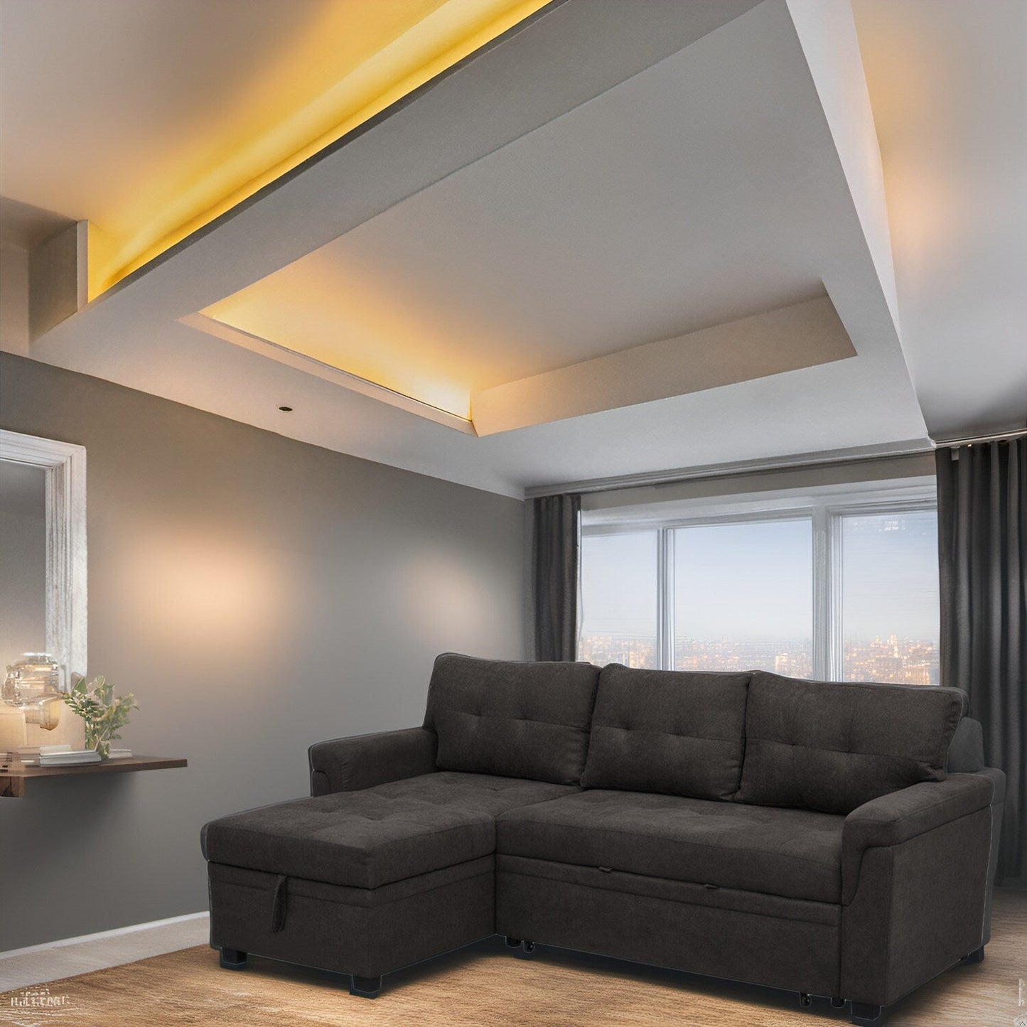 Reversible Sectional Sofa with Pull-Out Sleeper Bed, Hidden Storage Chaise, Durable Legs,