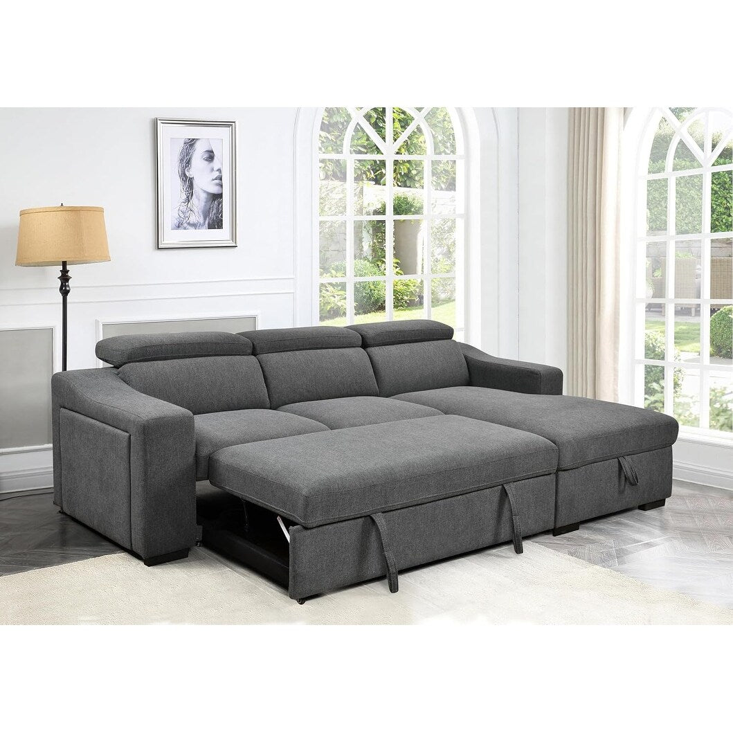 Roomfitters 103 Convertible Sectional Sofa with Storage Chaise, Adjustable Headrests, L-Shaped Sleeper Corner Sofa, Dark Gray