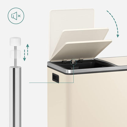 SONGMICS Dual Trash Can, 16 Gallon Stainless Steel Garbage Can, Almond