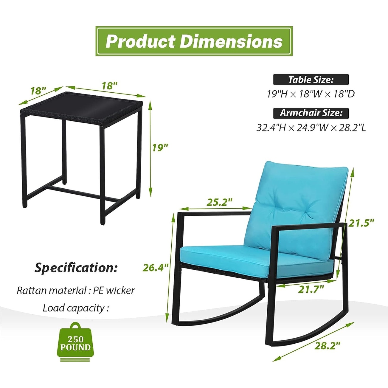 SUNCROWN 3-Piece Black Metal Outdoor Patio Rocking Bistro Set