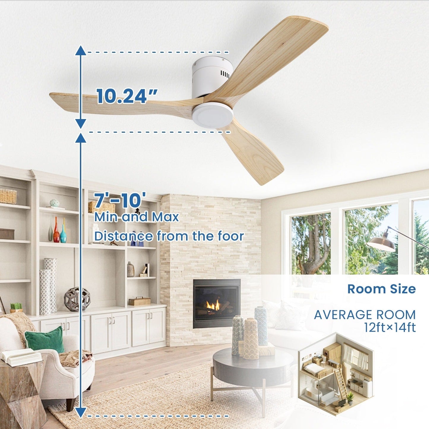 Sofucor 52 Inch Flush Mount Ceiling Fan with Remote, Reversible Motor,Integrated Light Optional