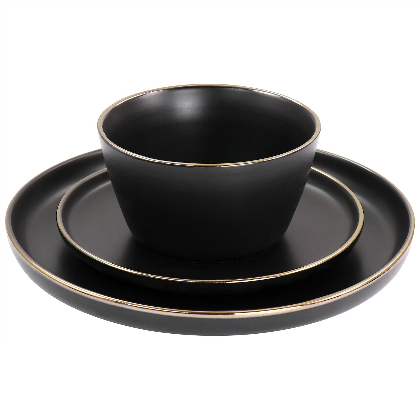 Stoneware Dinnerware 16 Piece Set in Black with Gold Rim