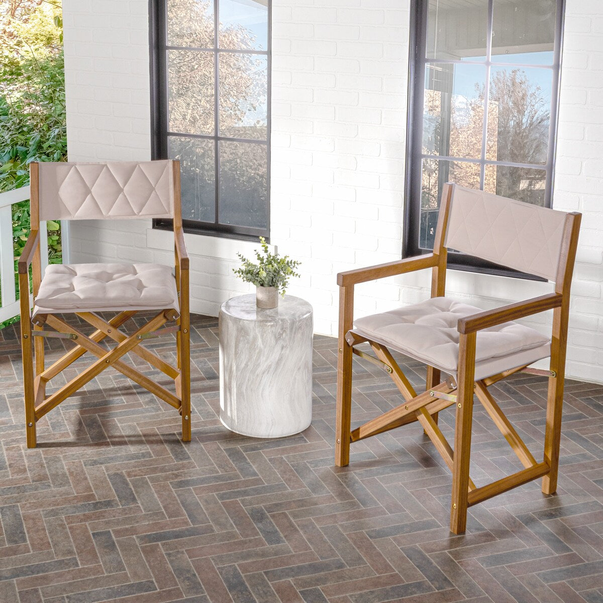 Theo Classic Mid-Century Outdoor Acacia Wood Foldable Diamond-Quilted Back Director Chair with Cushion, (Set of 2) by JONATHAN Y