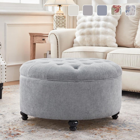 Tufted Large Round Storage Ottoman Footrest Beige/ Grey/ Blue