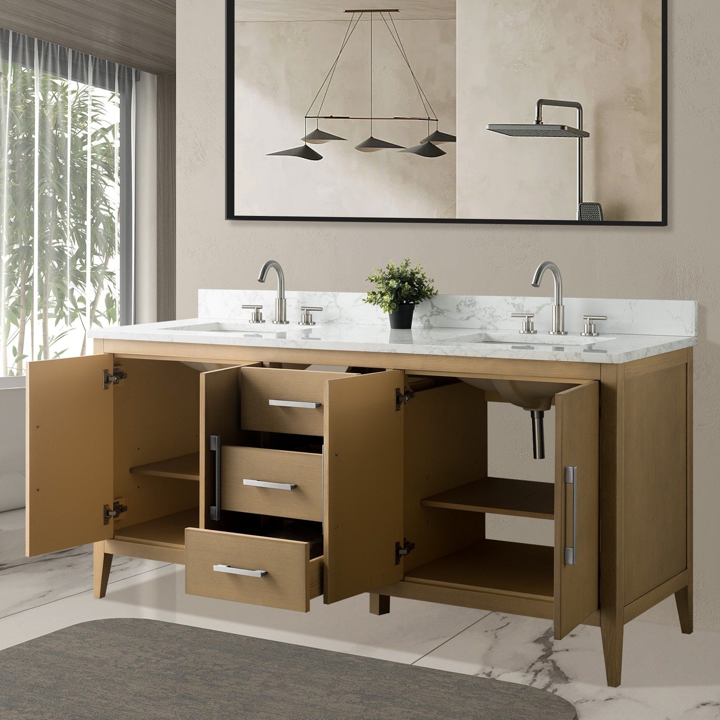 Vanity Art 72 Double Sink Bathroom Vanity Cabinet with Engineered Marble Top