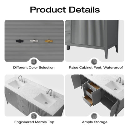 Vanity Art 72 Double Sink Bathroom Vanity Cabinet with Engineered Marble Top