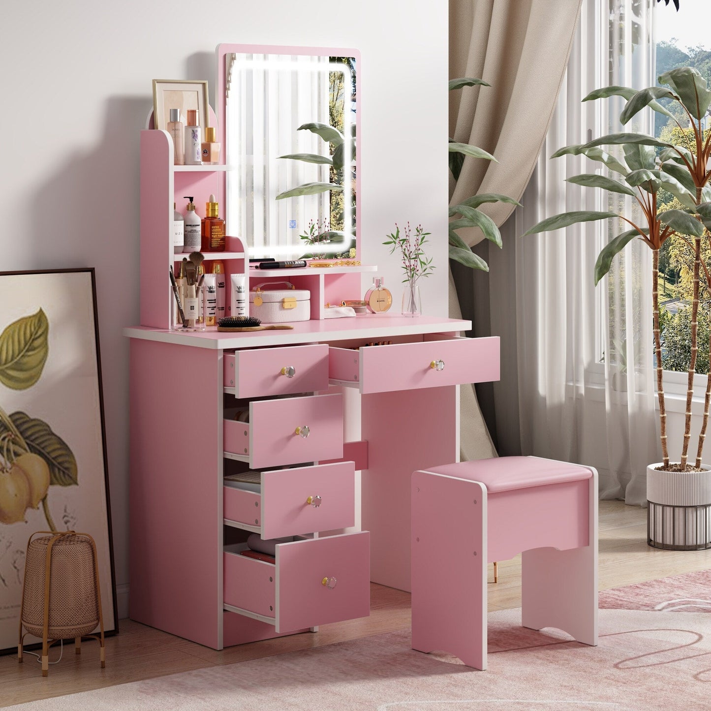 Vanity Set With Mirror and Lamp Home Makeup Dressing Table with Stool