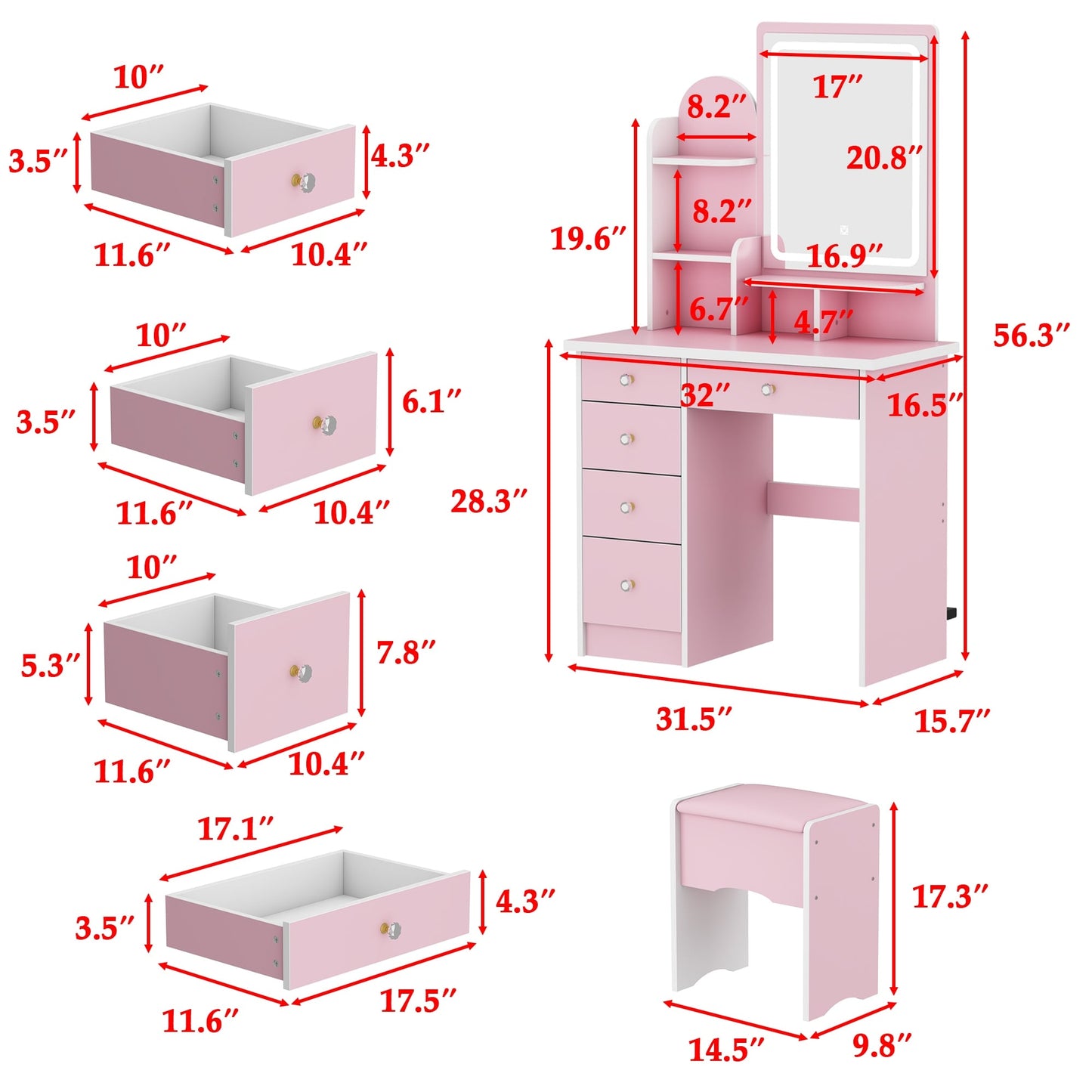 Vanity Set With Mirror and Lamp Home Makeup Dressing Table with Stool