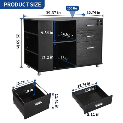 Wood File Cabinet with Charging Station Mobile Lateral Filing Cabinet Lockable Fits A4 Letter Legal Size Files
