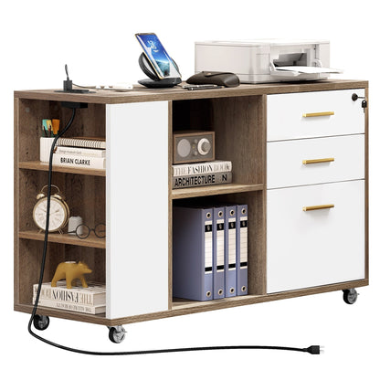 Wood File Cabinet with Charging Station Mobile Lateral Filing Cabinet Lockable Fits A4 Letter Legal Size Files