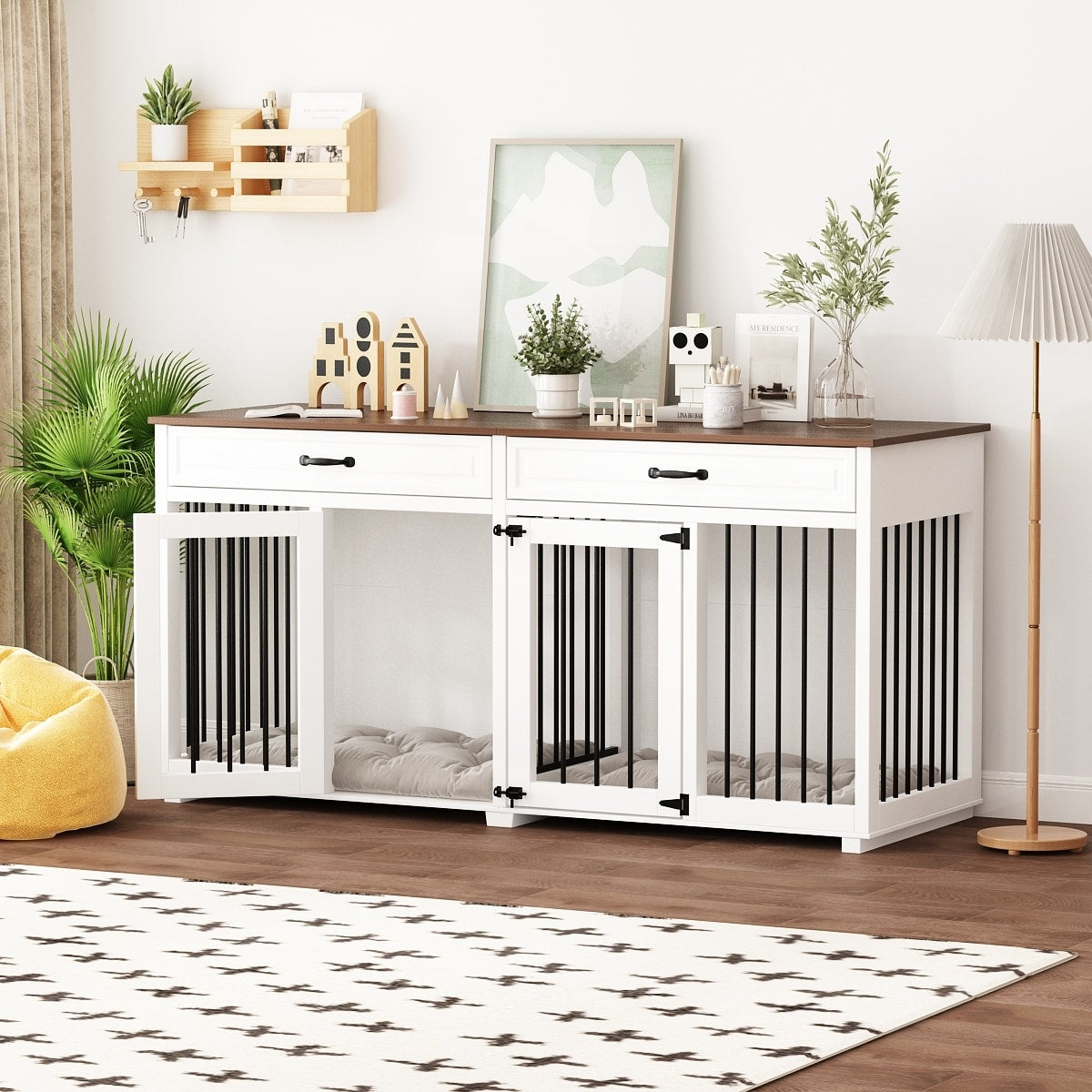 Wooden Double Dog Crate Kennel Furniture with 2 Drawers & Divider