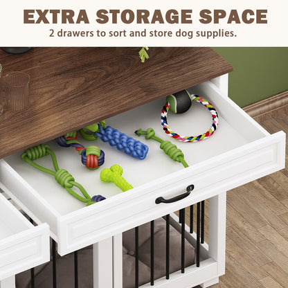 Wooden Double Dog Crate Kennel Furniture with 2 Drawers & Divider